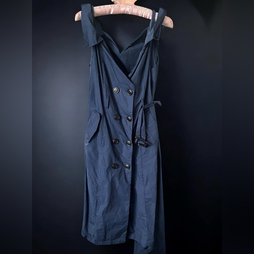 Square Neckline Midi Trench Dress with belt, Size Medium